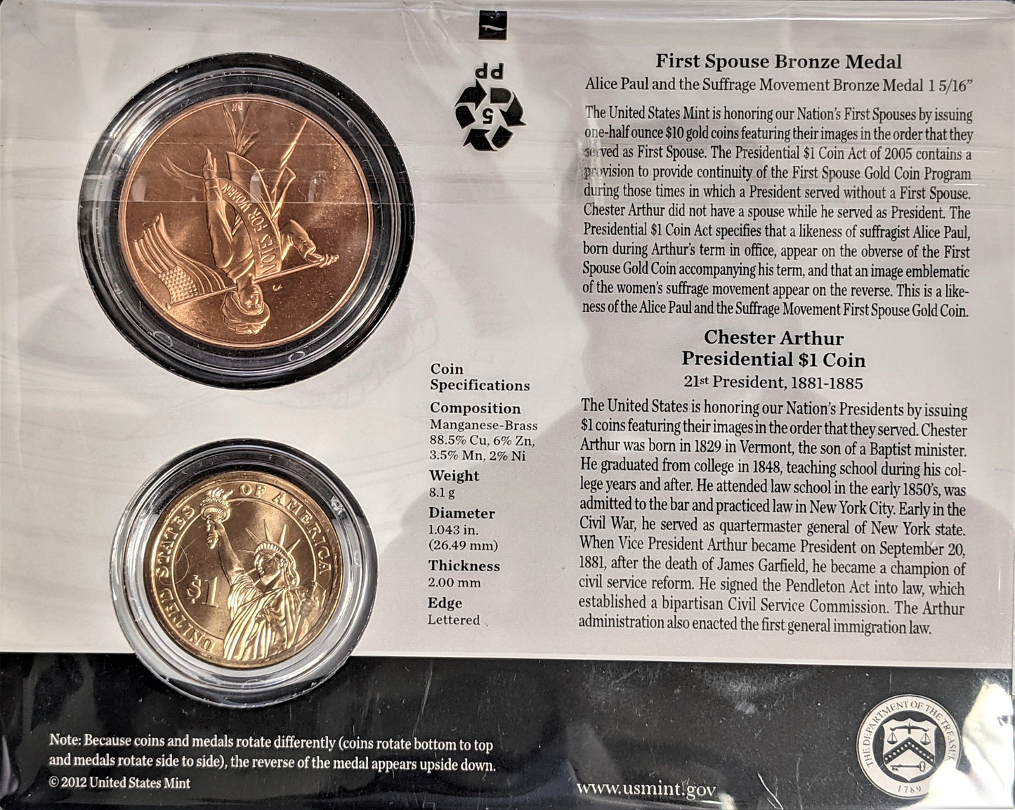 Presidential $1 Coin & First Spouse Bronze Medal Set - Chester Authur - CoinsTV