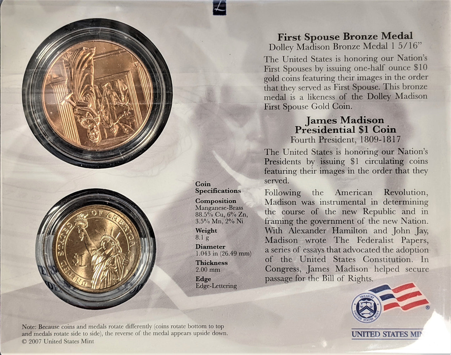 Presidential $1 Coin & First Spouse Bronze Medal Set - James Madison - CoinsTV
