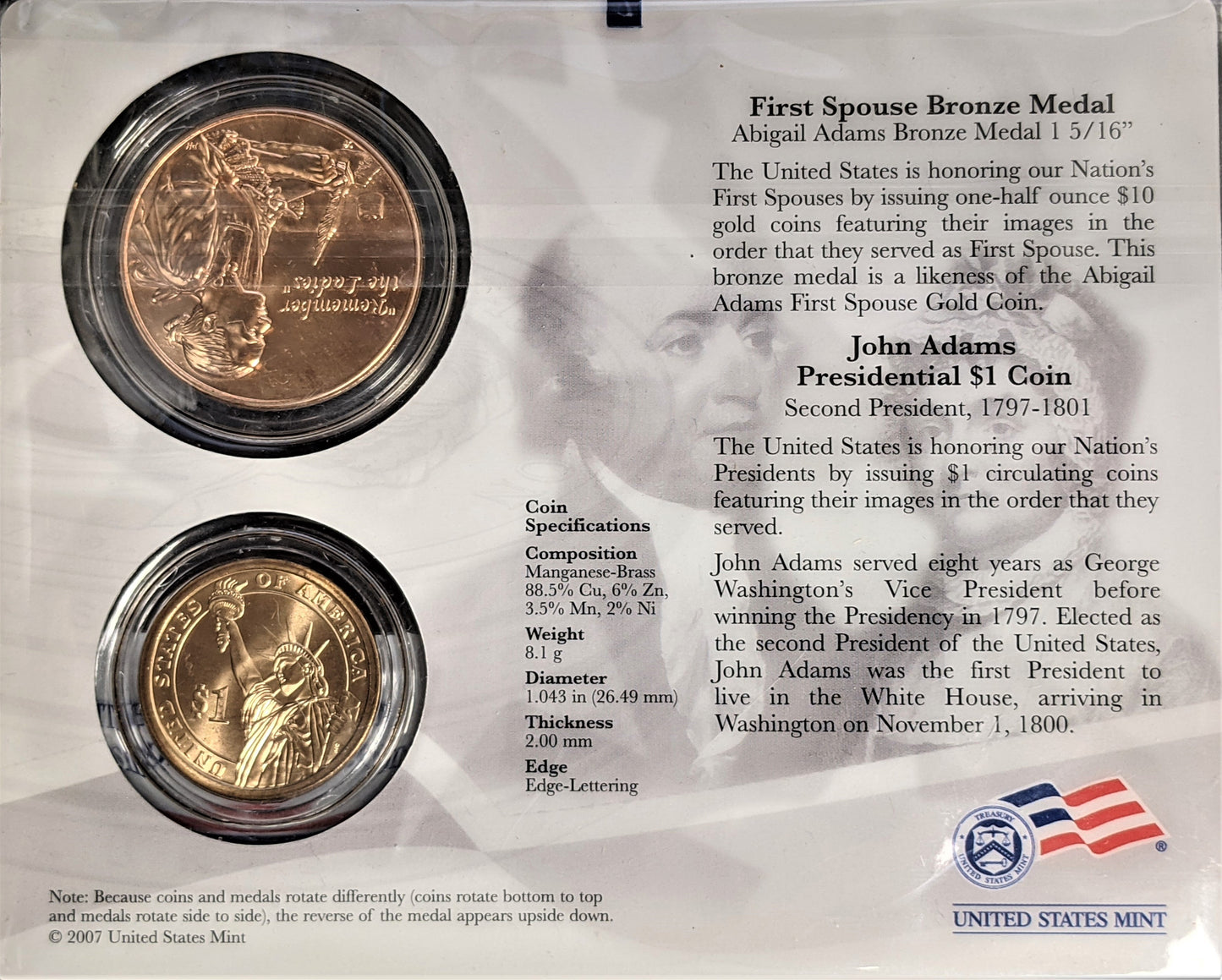 Presidential $1 Coin & First Spouse Bronze Medal Set - John Adams - CoinsTV