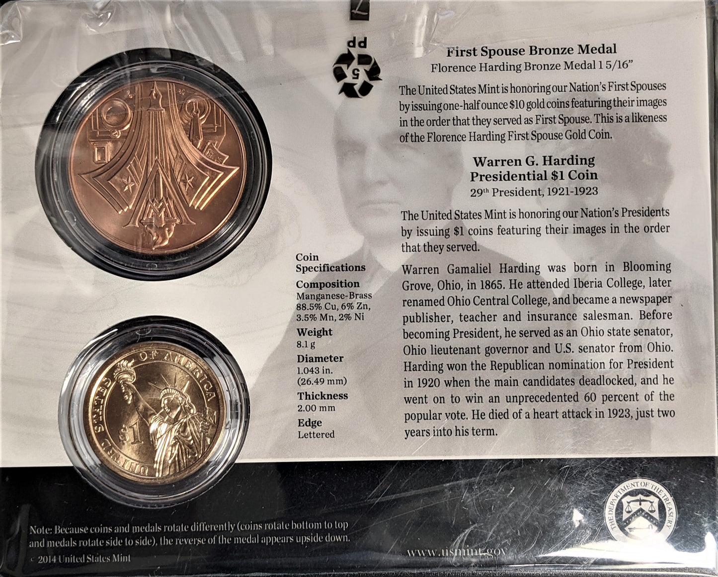 Presidential $1 Coin & First Spouse Bronze Medal Set - Warren G Harding - CoinsTV