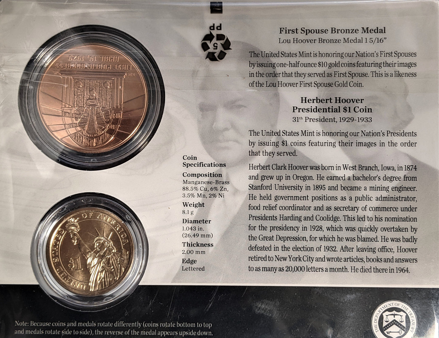 Presidential $1 Coin & First Spouse Bronze Medal Set - Herbert Hoover - CoinsTV