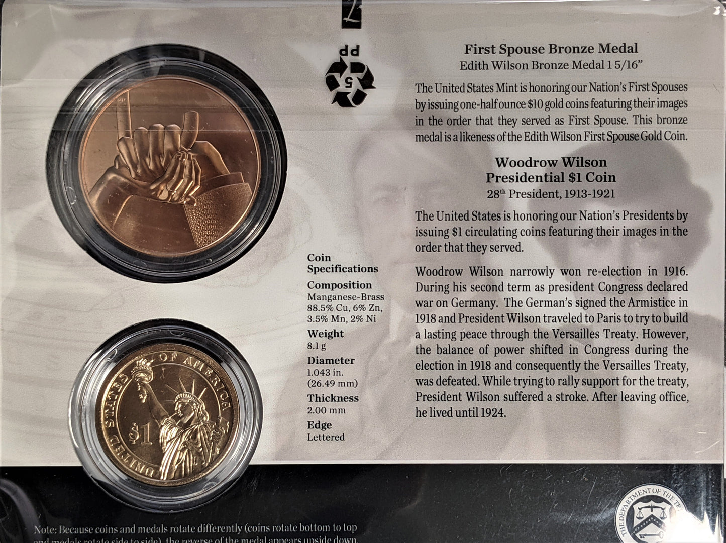 Presidential $1 Coin & First Spouse Bronze Medal Set - Woodrow Wilson - CoinsTV