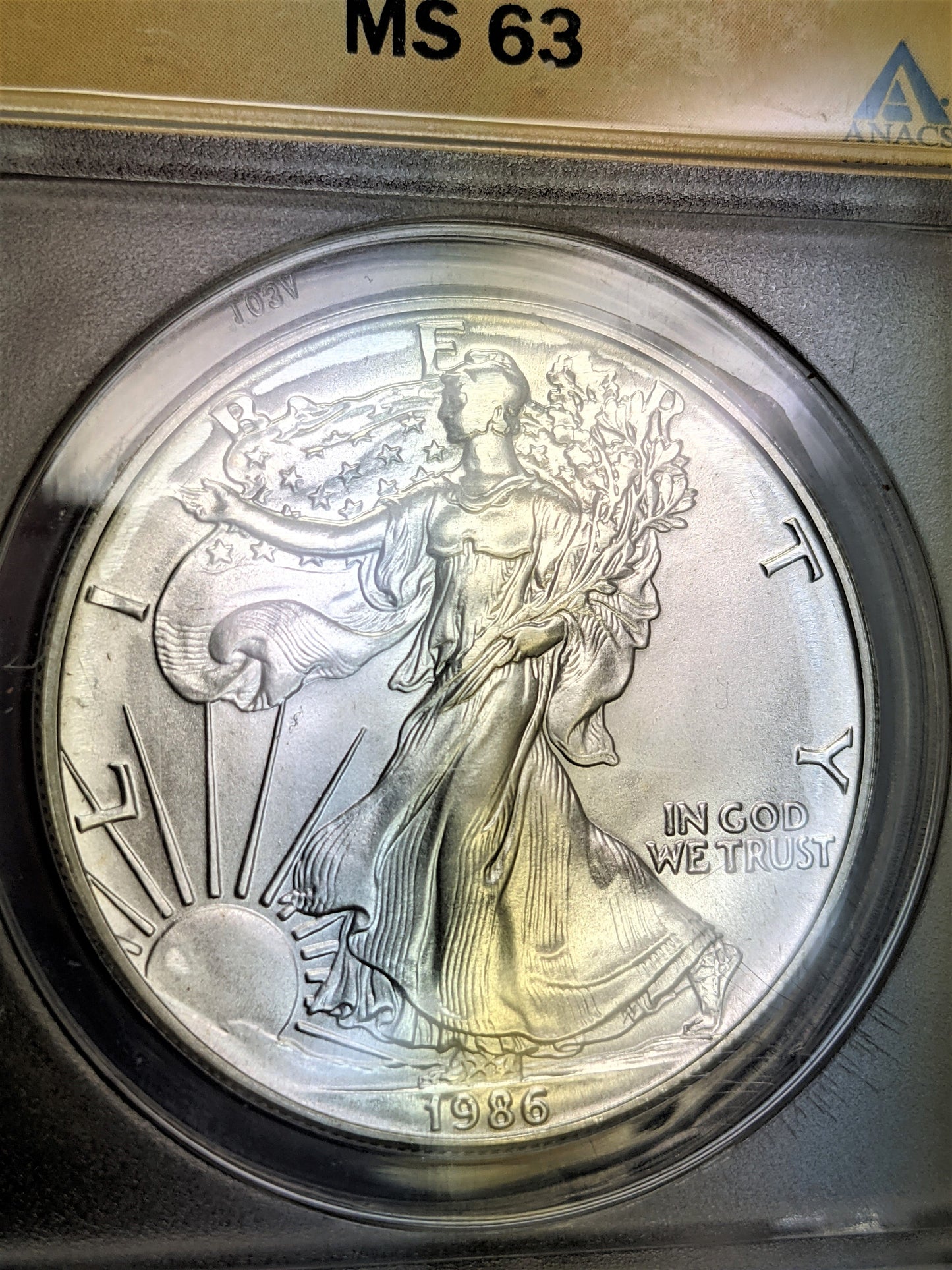 1986 Silver Eagle - Struck Through Grease -Error Coin ANACS MS63 - CoinsTV