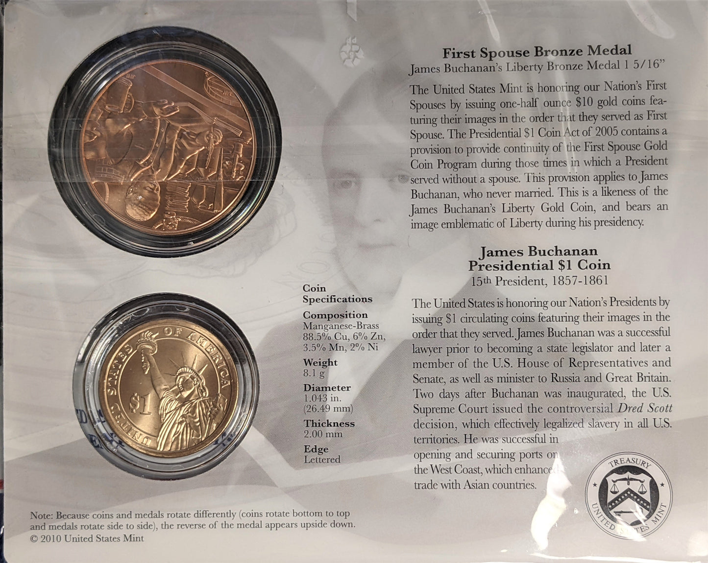 Presidential $1 Coin & First Spouse Bronze Medal Set - James Buchanan - CoinsTV