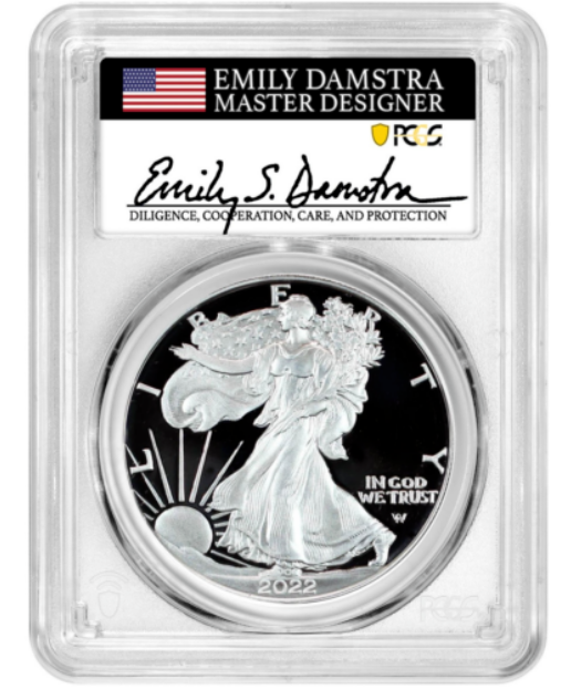 2022 S Silver Eagle San Francisco Proof - PCGS PR70 FDOI First Day of Issue Damstra Label - CoinsTV