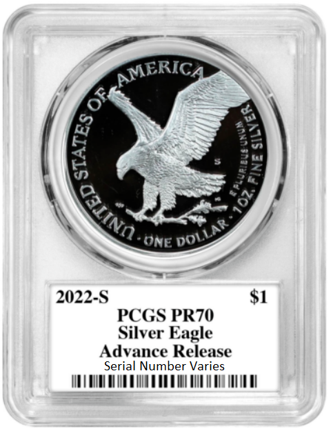 2022 S Silver Eagle San Francisco Proof - PCGS PR70 AR Advanced Release Damstra Label - CoinsTV