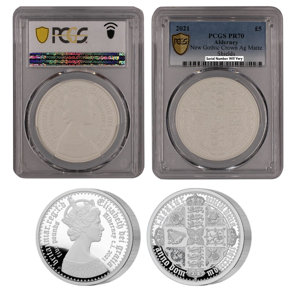 2021 $5 Alderney New Gothic Crown Matte Shields Proof Silver PCGS PR70 - CoinsTV