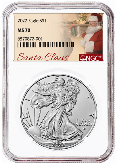 2022 1oz Silver Eagle - NGC MS70 Santa Claus Label - CoinsTV