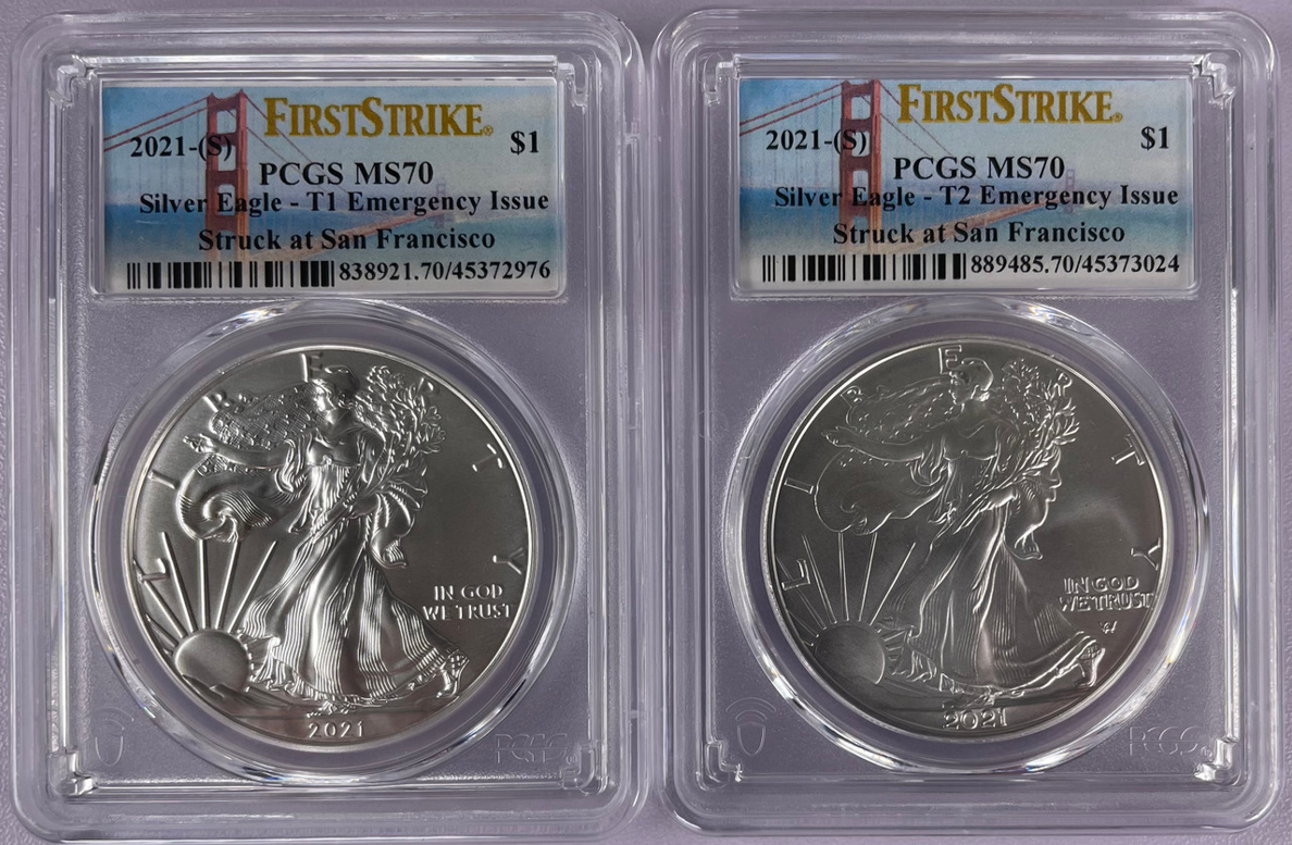 2021 (S) Silver Eagle Type 1/Type 2 - First Strike Emergency Issue - 2 Piece Set PCGS MS70 - CoinsTV