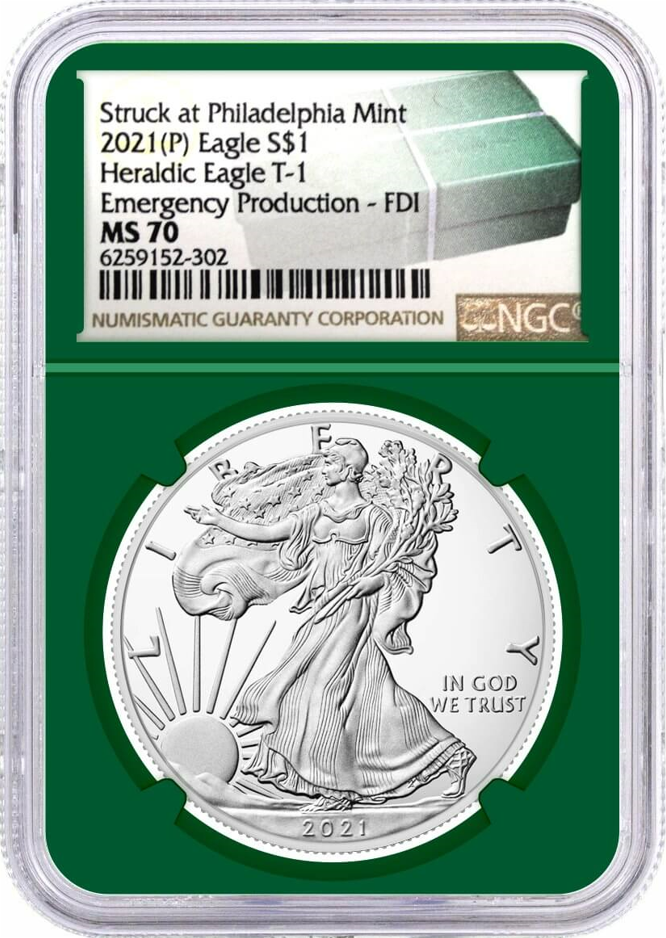 2021-P Silver Eagle - Heraldic Type 1 - Emergency Production - NGC MS70 First Day of Issue Monster Box Label