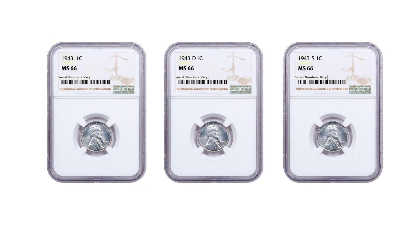 1943 Lincoln Steel Cent P/D/S 3 pc Set- NGC MS66 - CoinsTV
