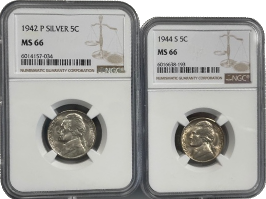 1942 - 1945 11 Coin War Nickel Set NGC MS66