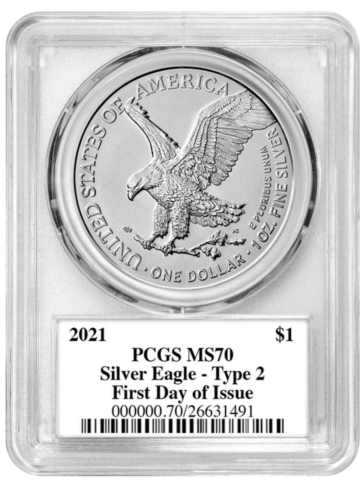 2021 Silver Eagle Type 2 - PCGS MS70 FDOI TD Rogers Label - CoinsTV