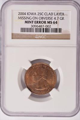 2004 Iowa Quarter Dollar Denver - Missing Clad Layer - NGC MS64 - CoinsTV
