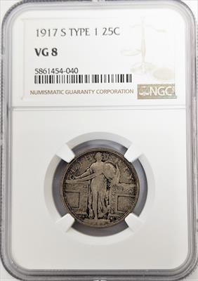 1917 S Standing Liberty Quarter San Francisco Type 1 NGC VG8 - CoinsTV