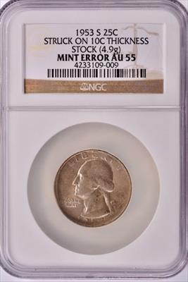 1953 S Washington Quarter Struck on 10 Cent Thickness Planchet Error - NGC AU55 - CoinsTV