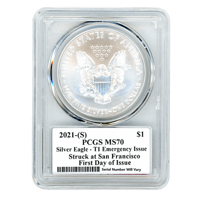 2021 (S) Silver Eagle San Francisco - Type 1 Emergency Issue PCGS MS70 First Day of Issue Jim Peed Signature Label - CoinsTV