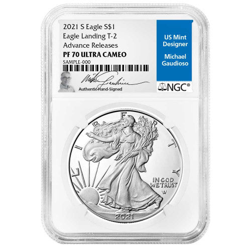 2021-S Silver Eagle Type 2 Proof - NGC PF70 AR Advanced Release - Gaudioso Signature Label - CoinsTV