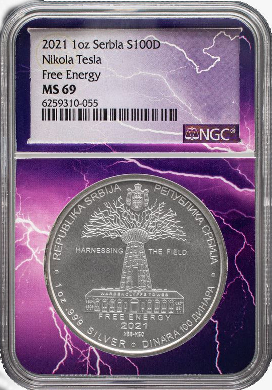 2021 Nikola Tesla 1 Oz Silver - Serbian Mint - NGC MS69 Lightning Core - CoinsTV