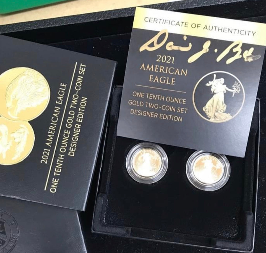2021 Gold Eagle Designers Edition 1/10th oz 2 pc Set - OGP - David Ryder Autograph - CoinsTV