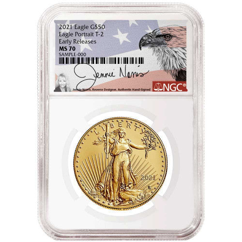 2021 $50 Gold Eagle 1 oz - Business Strike - Type 2 - NGC MS70 ER Early Release Jennie Norris Label - CoinsTV