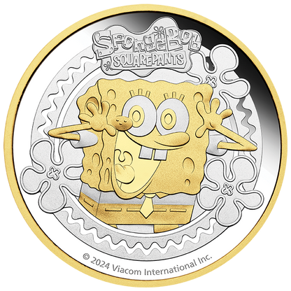 2024 Tuvalu SpongeBob Squarepants Gold Gilded Proof 2 oz Silver Coin