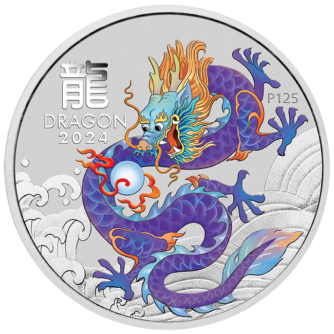 2024 Australia Purple Lunar Dragon BU Colorized 1/2 oz Silver Coin - CoinsTV