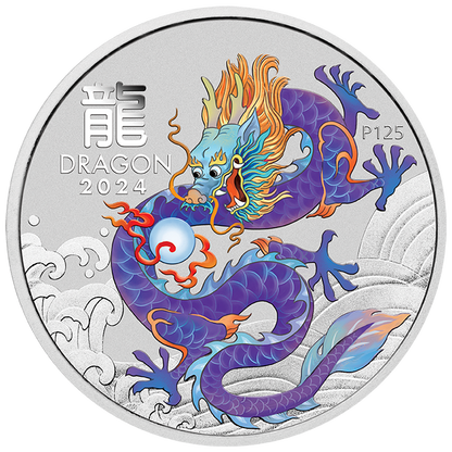2024 Australia Purple Lunar Dragon BU Colorized 1/2 oz Silver Coin - CoinsTV