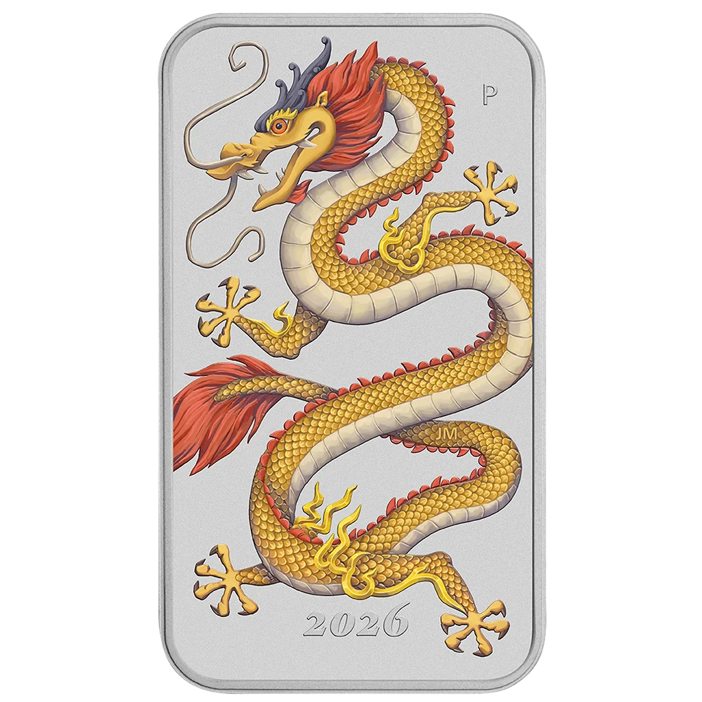 2026 Australia Golden Dragon Bar Colorized 1 oz Silver Coin in Card