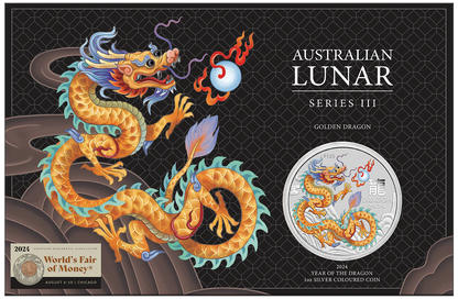 2024 Australia Lunar Golden Dragon Chicago ANA Edition 1 oz Silver Coin in Card - CoinsTV