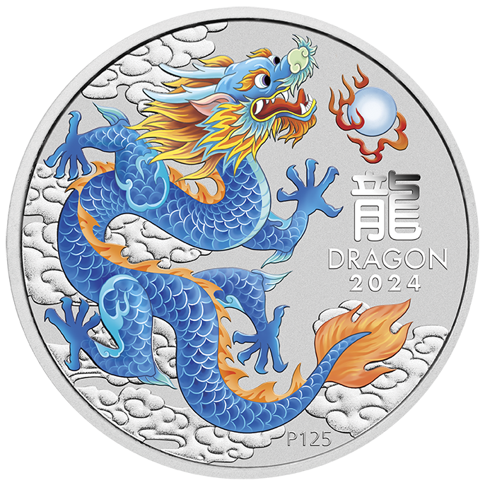 2024 Australia Blue Lunar Dragon BU Colorized 1/2 oz Silver Coin - CoinsTV