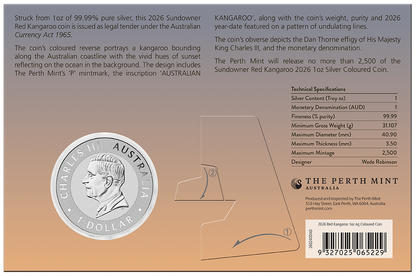 2026 Australia Kangaroo BU Colorized Sundowner Edition 1 oz Silver Coin in Card