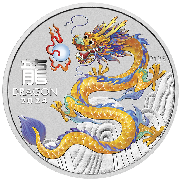2024 Australia Yellow Lunar Dragon BU Colorized 1/2 oz Silver Coin - CoinsTV