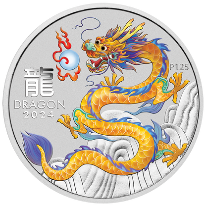2024 Australia Yellow Lunar Dragon BU Colorized 1/2 oz Silver Coin - CoinsTV