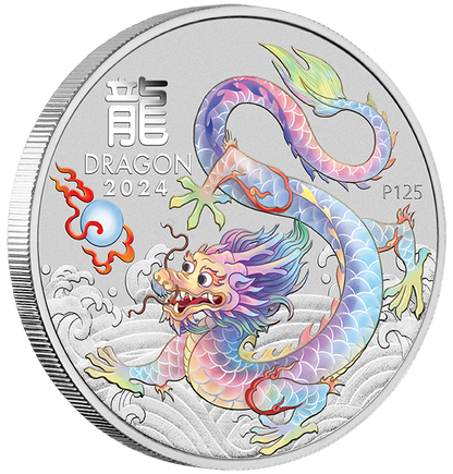 2024 Australia White Lunar Dragon BU Colorized 1 oz Silver Coin - CoinsTV