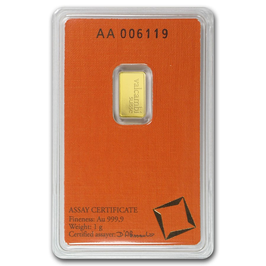 1 gram Gold Bar - Valcambi (Carded) - CoinsTV