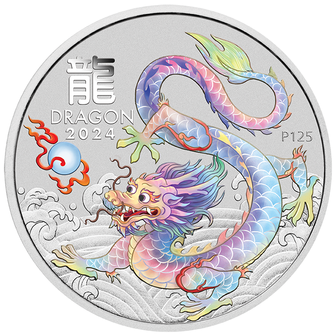 2024 Australia White Lunar Dragon BU Colorized 1/2 oz Silver Coin - CoinsTV