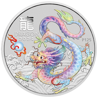 2024 Australia White Lunar Dragon BU Colorized 1/2 oz Silver Coin - CoinsTV
