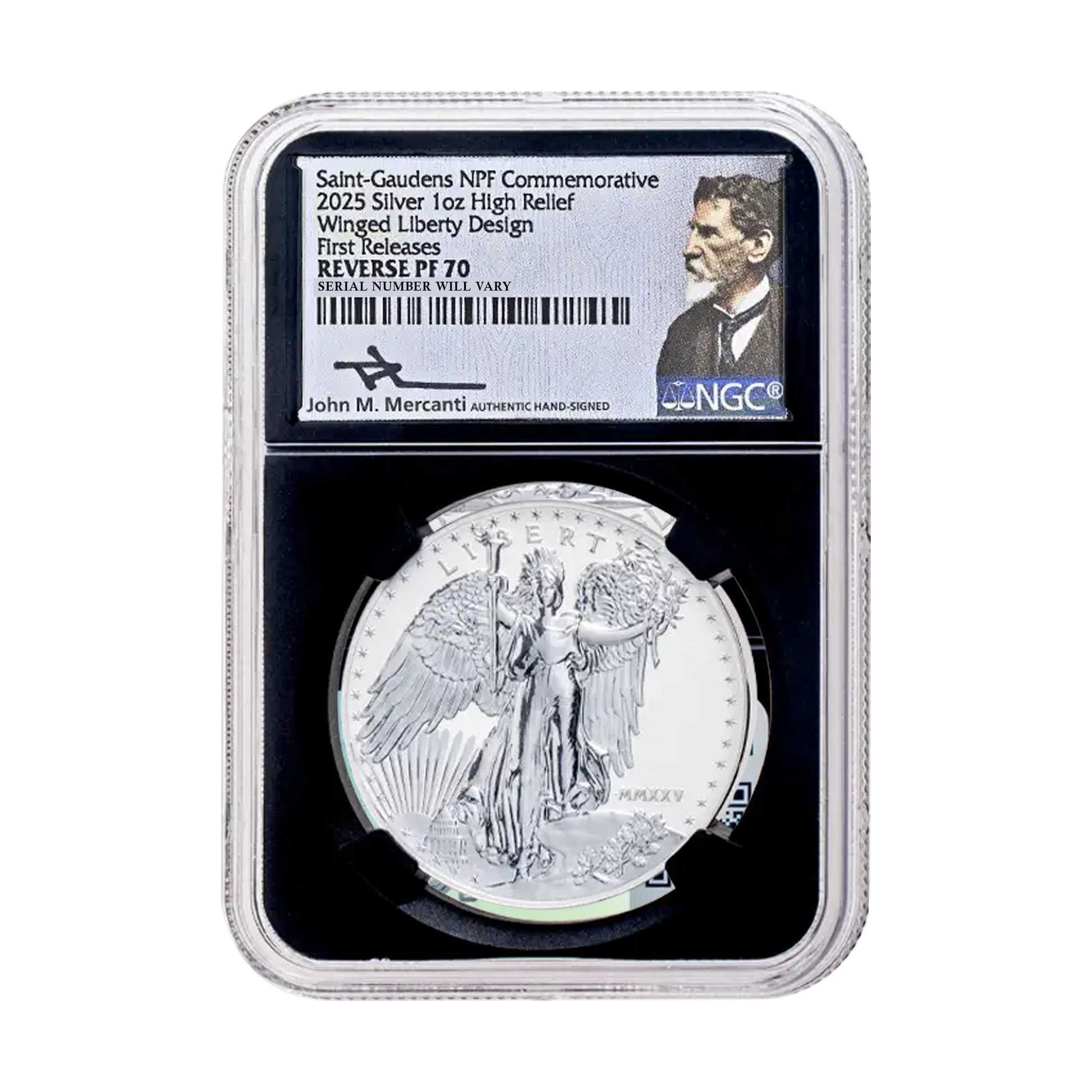 2025 Saint-Gaudens Winged Liberty NPF 1 oz Silver High Relief - NGC Rev PF70 FR Mercanti Signed - CoinsTV
