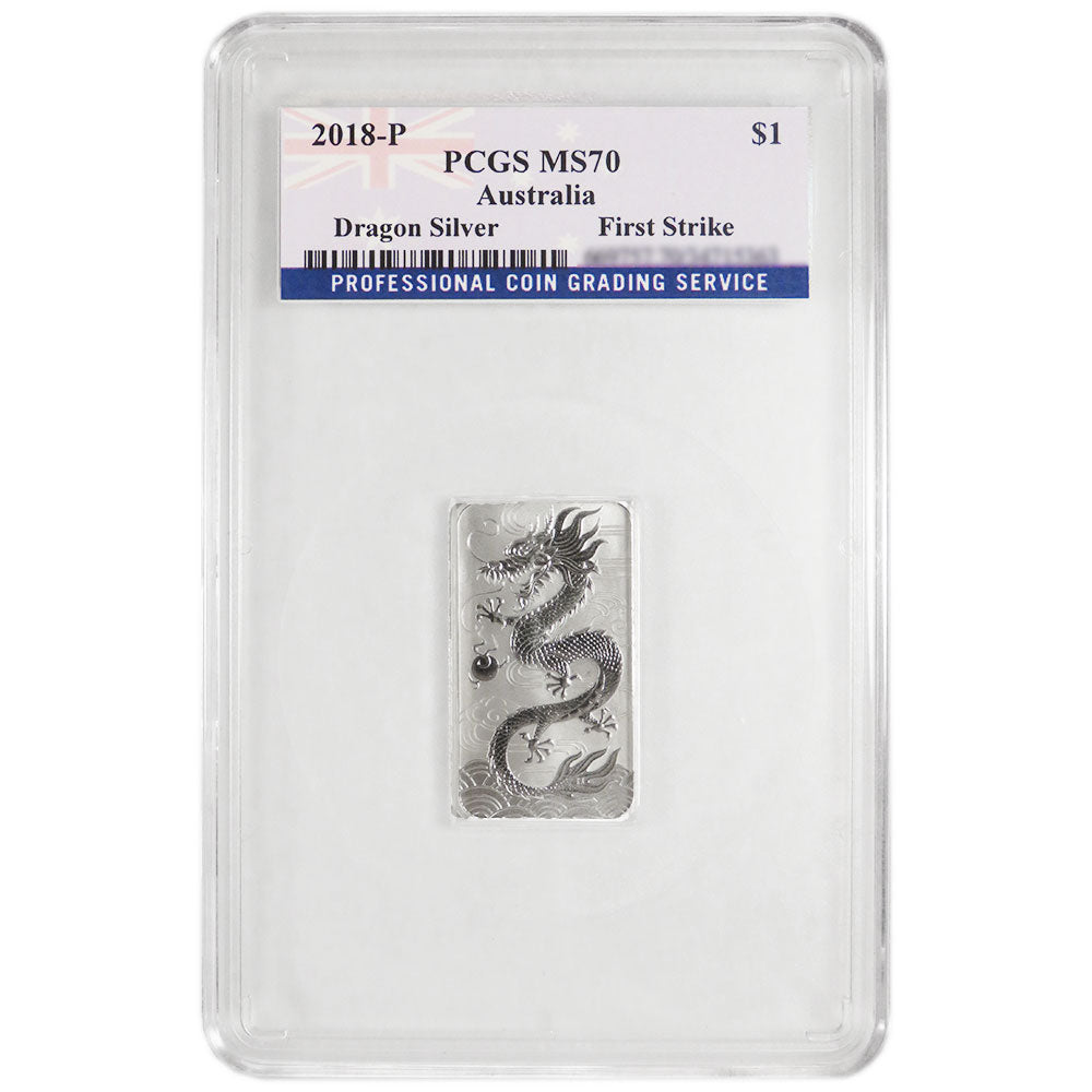 2018-P Australian Dragon Rectangle 1 oz Silver - PCGS MS70 First Strike Label - CoinsTV