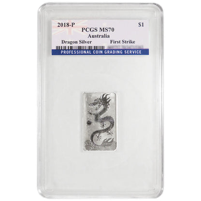 2018-P Australian Dragon Rectangle 1 oz Silver - PCGS MS70 First Strike Label - CoinsTV