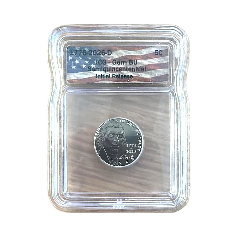 2026-D Semiquincentennial Jefferson Nickel - ICG GEM BU Initial Release Flag Label