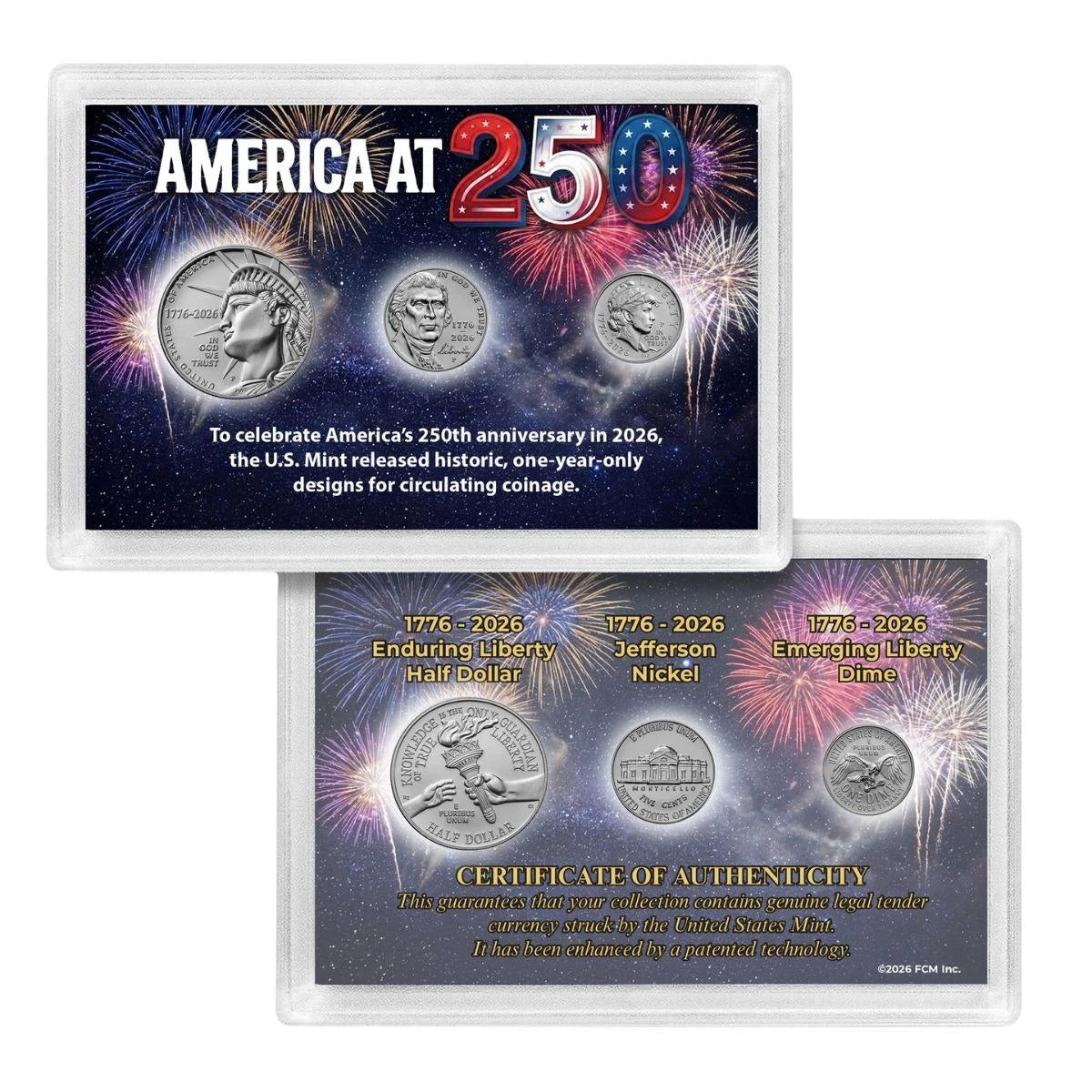 1776-2026 America at 250 Three-Finish Coin Collection – Half Dollar, Nickel & Dime