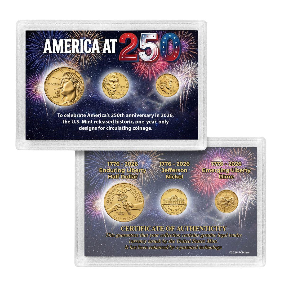 1776-2026 America at 250 Three-Finish Coin Collection – Half Dollar, Nickel & Dime