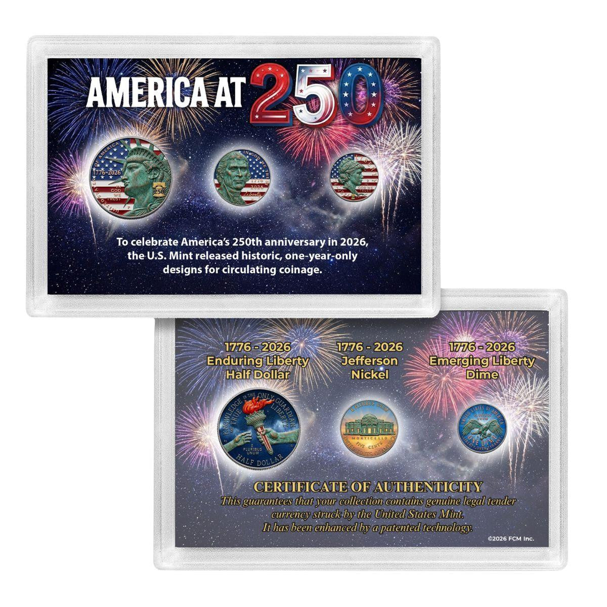 1776-2026 America at 250 Three-Finish Coin Collection – Half Dollar, Nickel & Dime