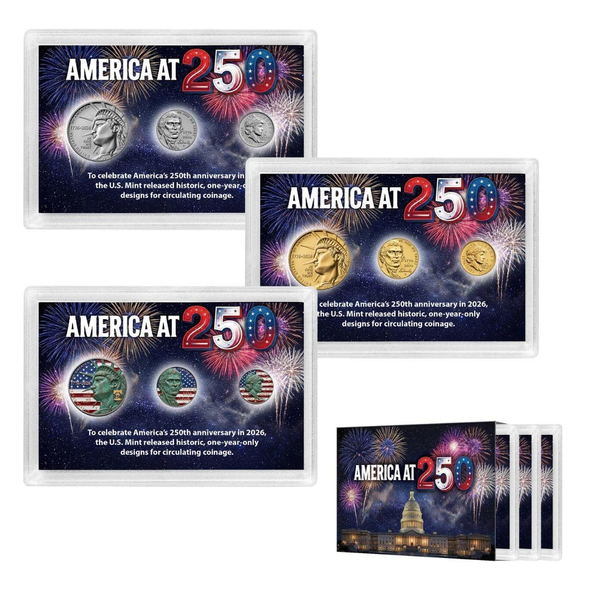 1776-2026 America at 250 Three-Finish Coin Collection – Half Dollar, Nickel & Dime