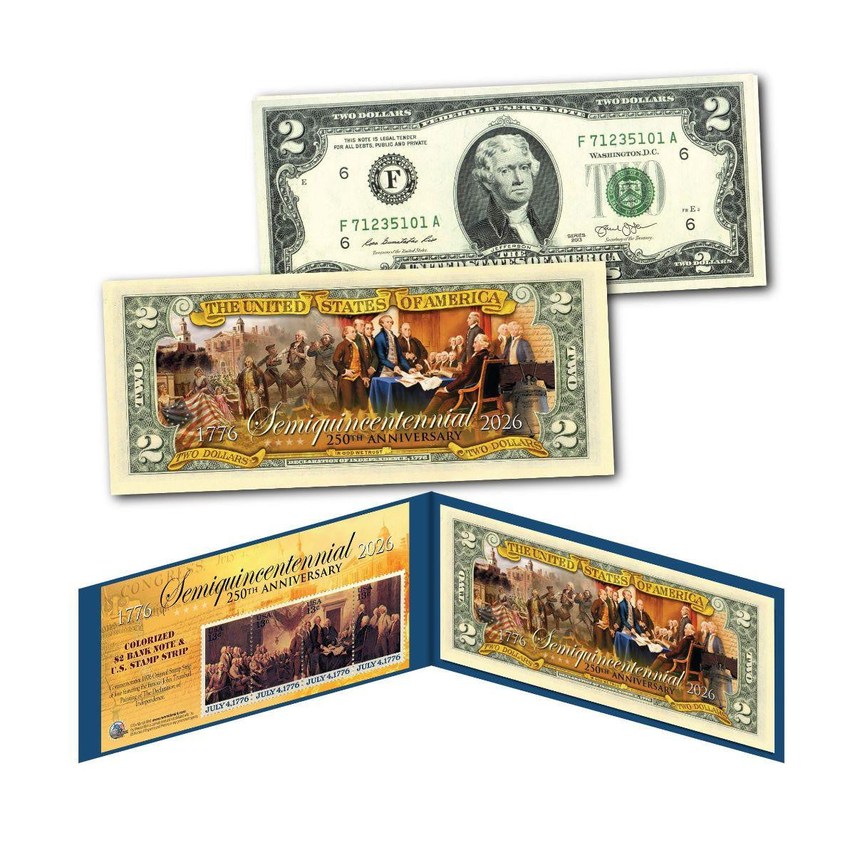 1776-2026 America's 250th Anniversary 2 Dollar Bill with 4 Panel Stamp Strip - CoinsTV