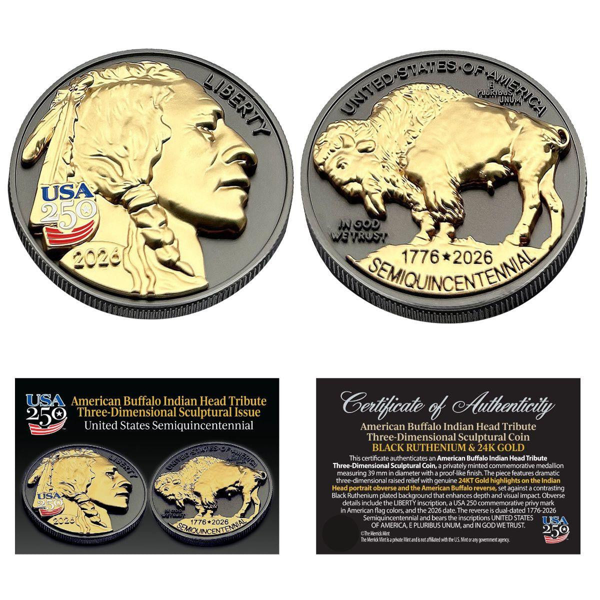 1776-2026 Buffalo Indian Head Tribute Three-Dimensional Sculptural Coin Black Ruthenium & 24K Gold Highlights