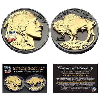 1776-2026 Buffalo Indian Head Tribute Three-Dimensional Sculptural Coin Black Ruthenium & 24K Gold Highlights