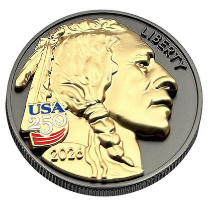 1776-2026 Buffalo Indian Head Tribute Three-Dimensional Sculptural Coin Black Ruthenium & 24K Gold Highlights